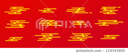 Japanese pattern with yellow clouds on a red background. Chinese style or Asian themed figures. Abstract backdrop or simple flat decor for wallpaper. Vector illustration with a brush or ethnic 128343605