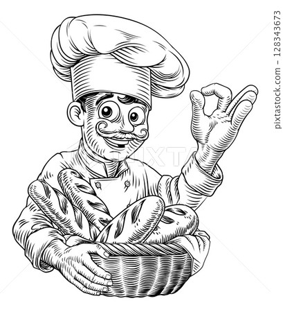 Chef Baker Bread Loaves Basket Bakery Illustration 128343673