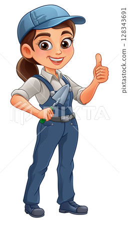 Female Bricklayer Cartoon Trowel Builder Woman 128343691