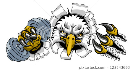 Eagle Hawk Bird Weight Lifting Dumbbell Gym Mascot Eagle Hawk Bird Weight Lifting Dumbbell Gym Mascot 128343693