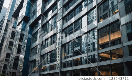 A semi-abstract scene of reflective commercial buildings with stacked windows in blue and gray hues. 128343711
