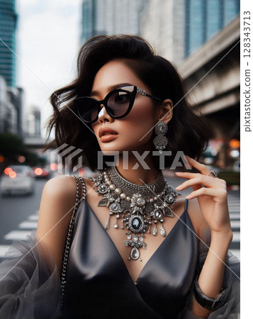 A fashion-forward Thai woman posing in oversized sunglasses and a statement necklace, trendy city street 128343713