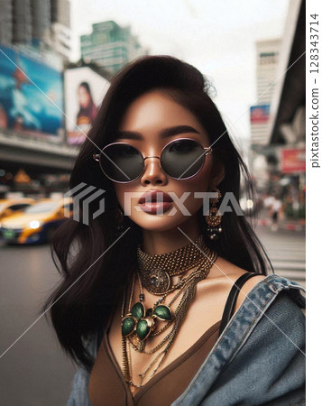 A fashion-forward Thai woman posing in oversized sunglasses and a statement necklace, trendy city street A fashion-forward Thai woman posing in oversized sunglasses and a statement necklace, trendy city street 128343714