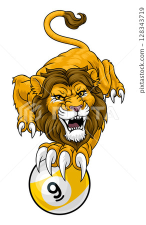 Lion and 9 Ball Nine Ball Pool Cartoon Mascot Lion and 9 Ball Nine Ball Pool Cartoon Mascot 128343719