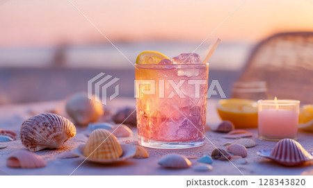 Pink cocktail with lemon slice served on a beach table surrounded by seashells and candlelight; cocktail glows in soft sunset colors creating romantic seaside atmosphere 128343820