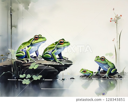 Traditional oriental painting of frogs in forest Traditional oriental painting of frogs in forest 128343851