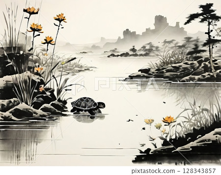 Turtle in traditional oriental painting style 128343857