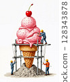 Three miniature figures appear to be building or maintaining an enormous strawberry ice cream cone with a cherry on top. 128343878