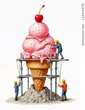 Three miniature figures appear to be building or maintaining an enormous strawberry ice cream cone with a cherry on top. 128343878