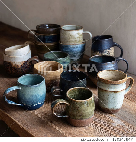 Various artisan mugs of different colors displayed on a wooden table creating a warm, inviting scene. Various artisan mugs of different colors displayed on a wooden table creating a warm, inviting scene. 128343947