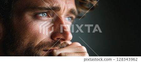 A thoughtful man looks to the side with a serious, concerned expression. 128343962