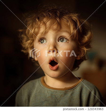 Adorable young boy with an expression of surprise and wonder on his face. 128343963