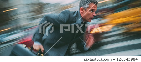 A businessman in a suit runs with a briefcase through the city. 128343984
