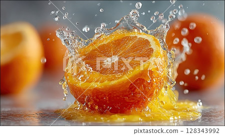 A half orange bursts with water, creating a stunning splash of juicy goodness. 128343992