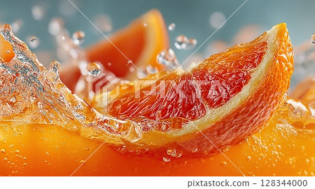 Orange slice with water splash creating a refreshing and juicy scene. 128344000