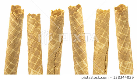 Waffle rolls, wafer tubes isolated on white background, full depth of field, package design element Waffle rolls, wafer tubes isolated on white background, full depth of field, package design element 128344029