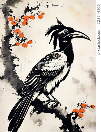 Horn bill in traditional oriental painting style 128344106