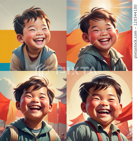 Set of smiling Asian boy in vintage painting style 128344180