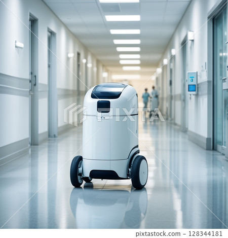 Robotic Delivery Device in Hospital Corridor 128344181
