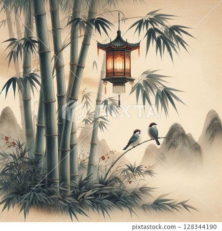 Traditional Asian Bamboo and Birds Painting Traditional Asian Bamboo and Birds Painting 128344190