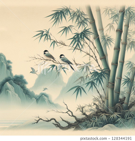 Serene Bamboo Landscape with Birds Serene Bamboo Landscape with Birds 128344191