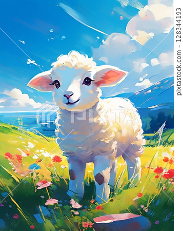 white sheep on meadow 128344193