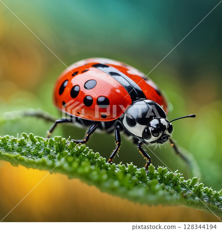 Red ladybug resting on a green leaf in a spring garden 128344194