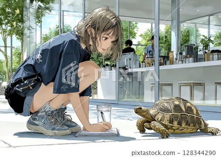 Reptile Cafe - Illustration of a woman keeping a diary about a tortoise 128344290