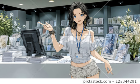Illustration material of a woman working in a bookstore 128344291