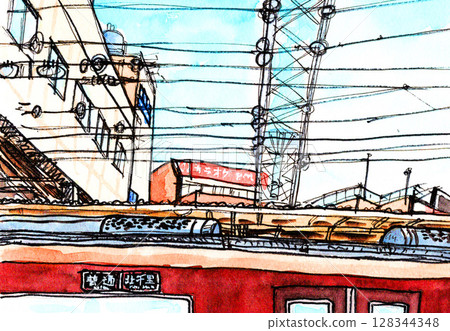 Watercolor sketch on the Awaji Station platform. 128344348