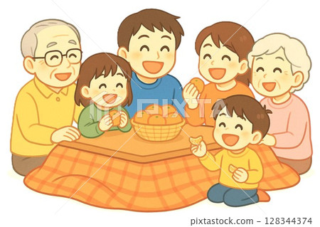 一家三代人圍坐在被爐旁吃橘子的插圖 128344374