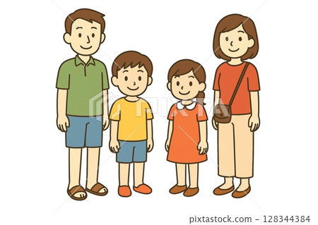 一家人穿著休閒夏裝排成一排的插圖 一家人穿著休閒夏裝排成一排的插圖 128344384