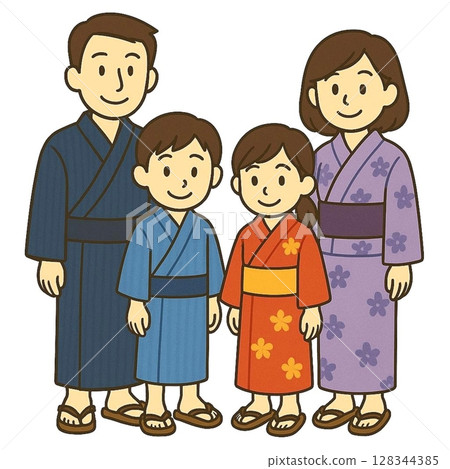 一家人穿著浴衣並肩站在一起的插圖 128344385