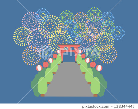 Fireworks, lanterns, shrine, torii gate, summer festival, frame, illustration 128344445