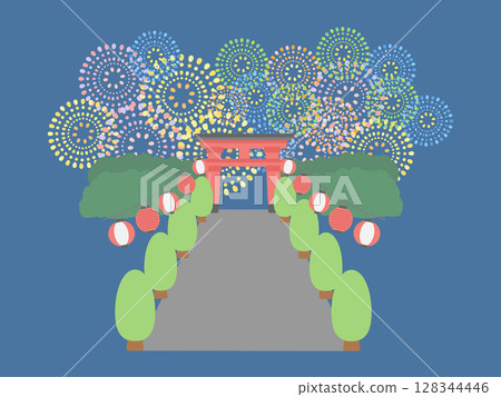 Fireworks, lanterns, shrine, torii gate, summer festival, frame, illustration 128344446