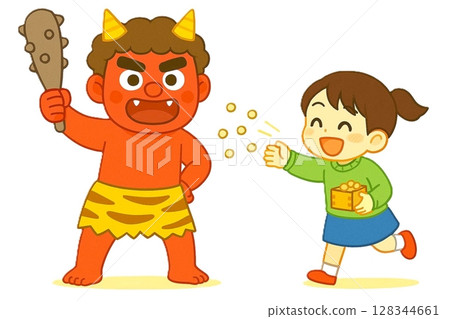 Illustration of a girl and a red demon enjoying Setsubun bean-throwing 128344661