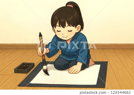Illustration of a girl working on calligraphy 128344662