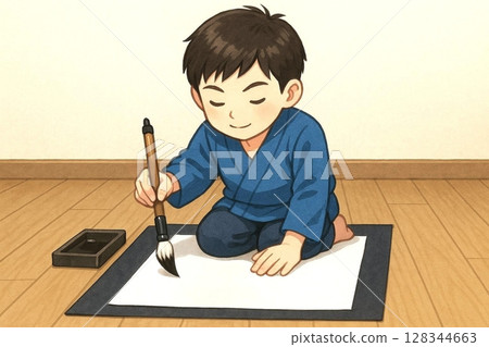 Illustration of a boy practicing calligraphy 128344663