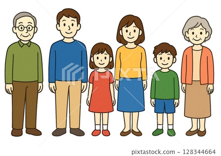An illustration of a three-generation family standing side by side in casual clothes 128344664