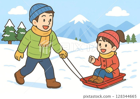Winter illustration of parents and children enjoying sledding 128344665