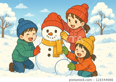 Winter illustration of kids playing with a snowman 128344666