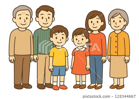 Illustration of a three-generation family standing together 128344667