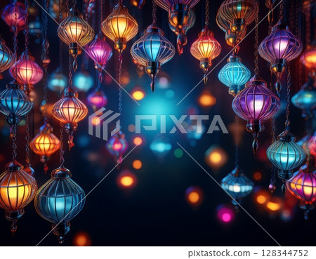 Colorful lanterns glowing at night 128344752