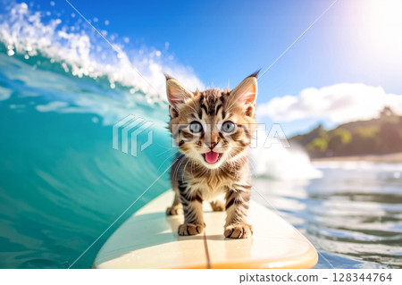 A kitten happily surfing 128344764