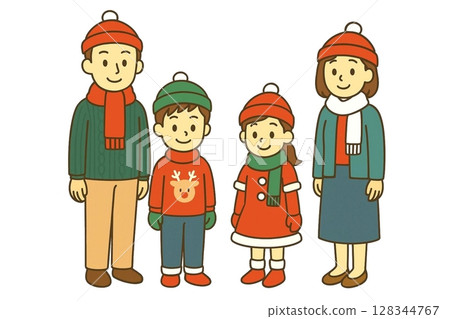 An illustration of a friendly family dressed in winter Christmas colors 128344767