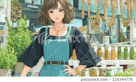 Illustration material of a woman working at a dried fruit specialty store 128344776