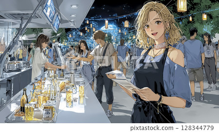 Illustration of a woman taking orders at a festival stall 128344779