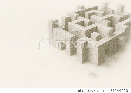 A labyrinth built from many sheets of paper. Space for text. 128344950