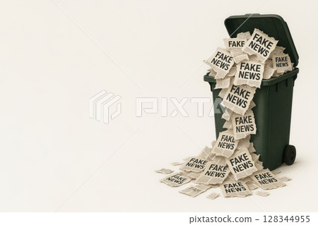 An overflowing trash can with fake news. Space for text. 128344955