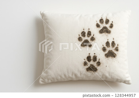 Dirty paw prints on a clean pillow. Space for text. Dirty paw prints on a clean pillow. Space for text. 128344957